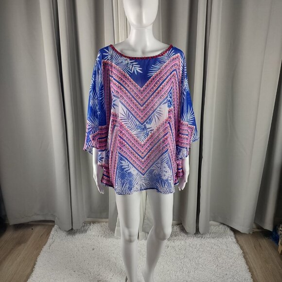 Ruby Rd Women's Blue, Pink, Tropical Chevon Chiffon Poncho Blouse, Top Size 2X - Picture 2 of 10